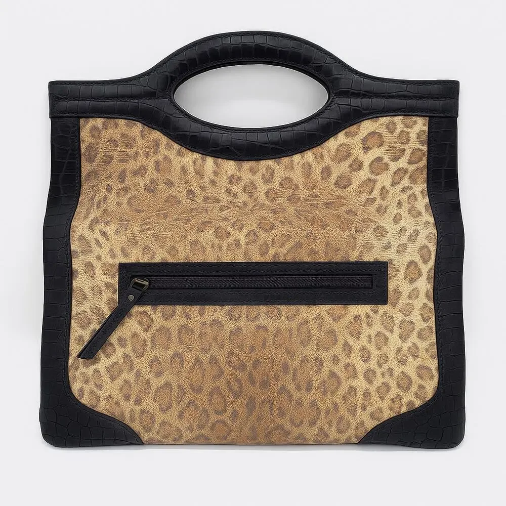 Donald J Pliner Couture Leopard Print Handbag Croc Embossed Leather Trim Italy